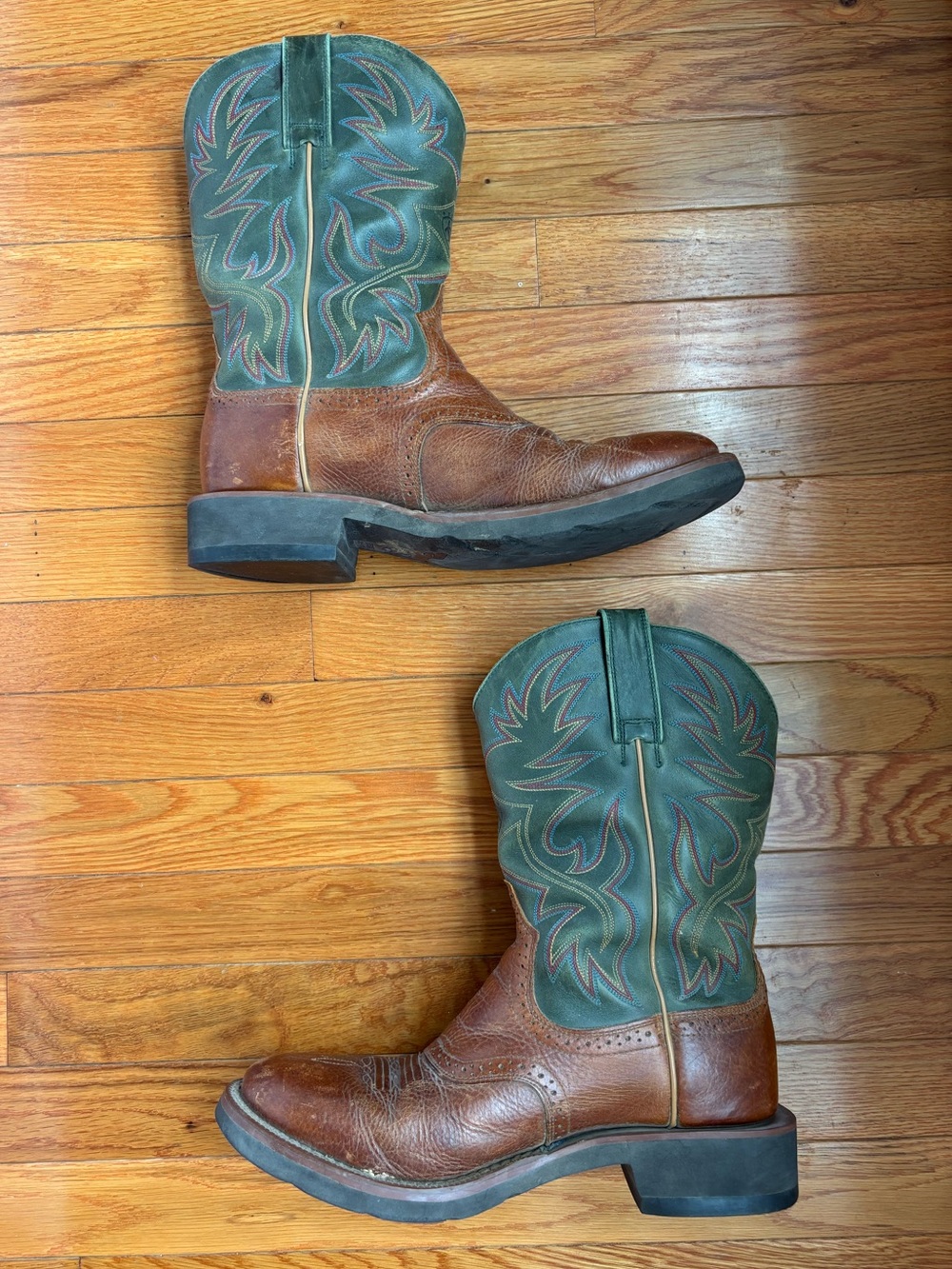 Ariat Brown Leather Sport Outdoor with Green Upper and Embroidery Cowboy Boots